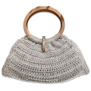 Handwoven Gray Crochet bag with Wooden Handles knit silver metallic thread
